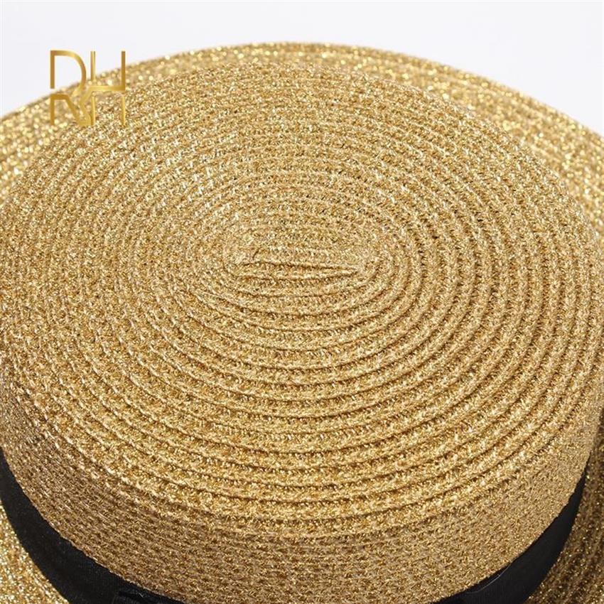 Damer Sun Boater Flat Hatts Small Bee Sequin Straw Hat Retro Gold flätad hatt Kvinnlig solskydd Shine Flat Cap RH 220712236J