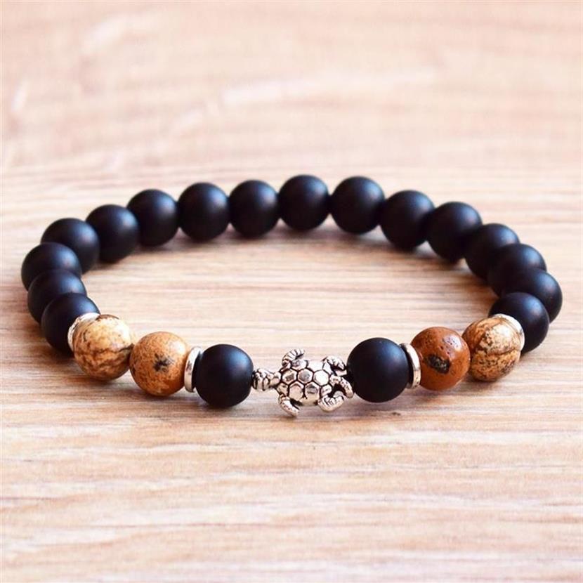 MG0785 NEW DESING TORTOISE CHARM BRACELET NATURAL PICTURE JASPERS BRACELET MATTE BLACK ONYX BEADED WRIST MALA BRACELET217A