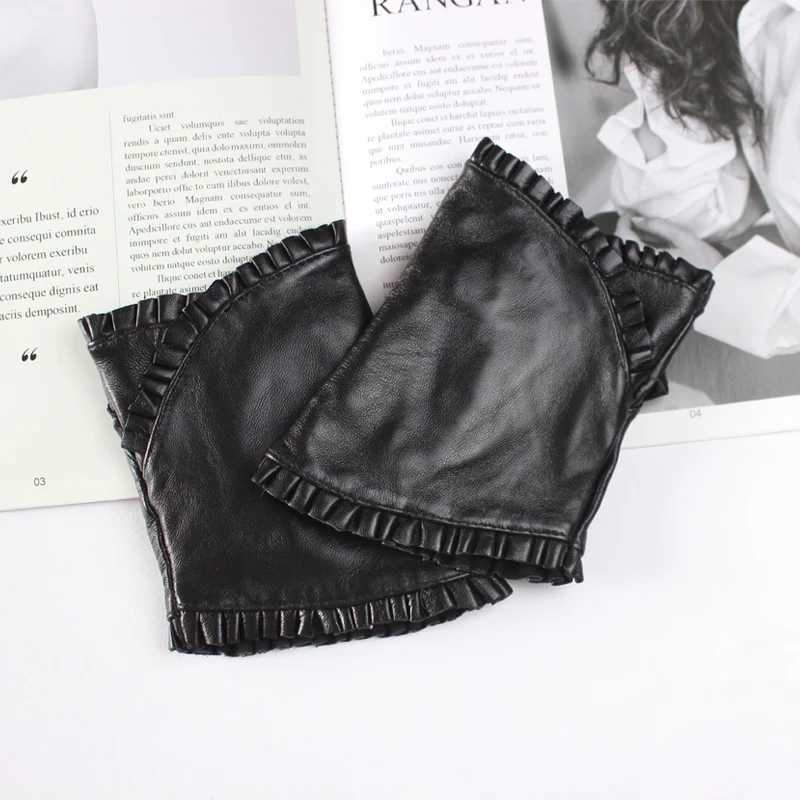 Fingerless Gloves New women's Sheepskin Half Finger Gloves Leather Fashion Lace Style Warm Velvet Cool Silk Black Riding Driving GlovesL231223