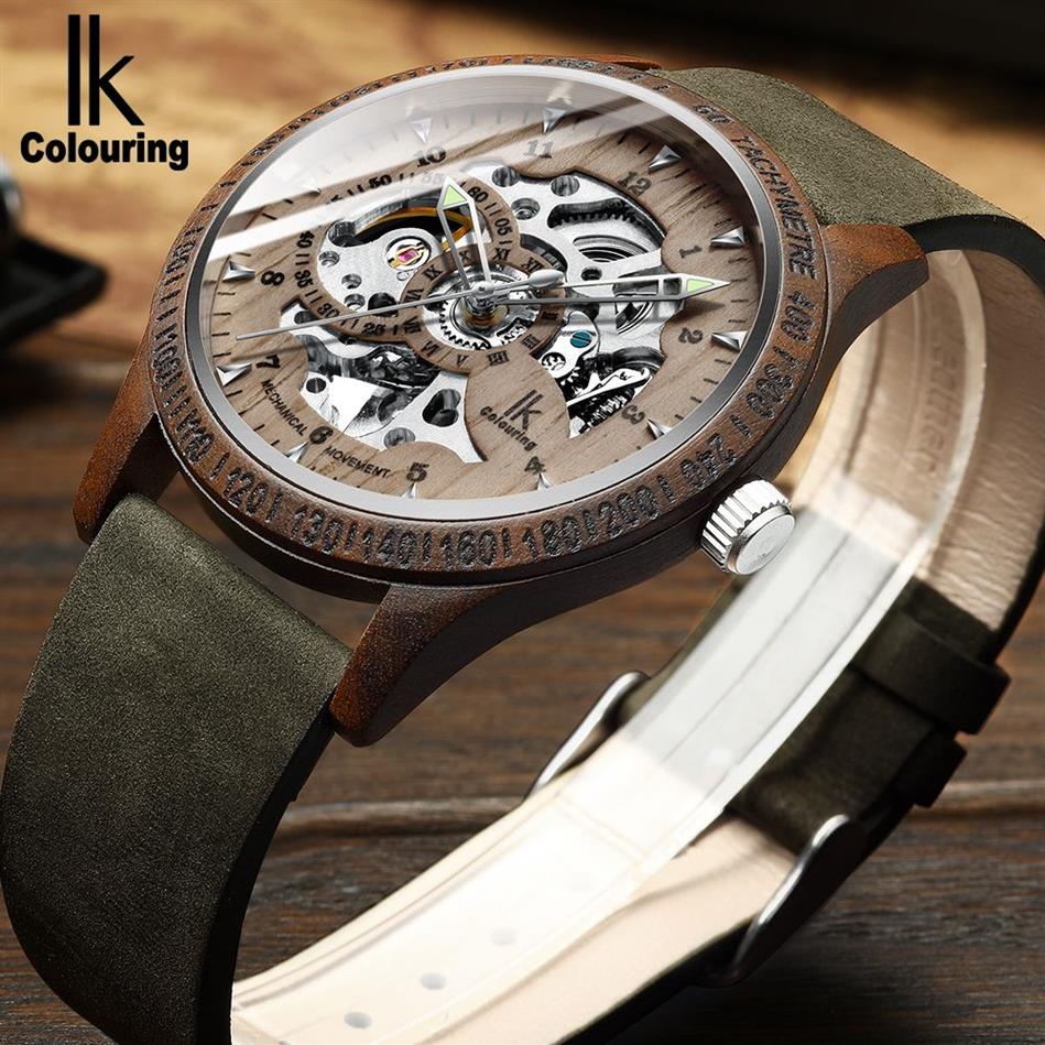 IK Colouring Men Watch Fashion Casual Wooden Case Crazy Horse Leather Strap Wood Watch Skeleton Auto Mechanical Male Relogio Y2004317Z