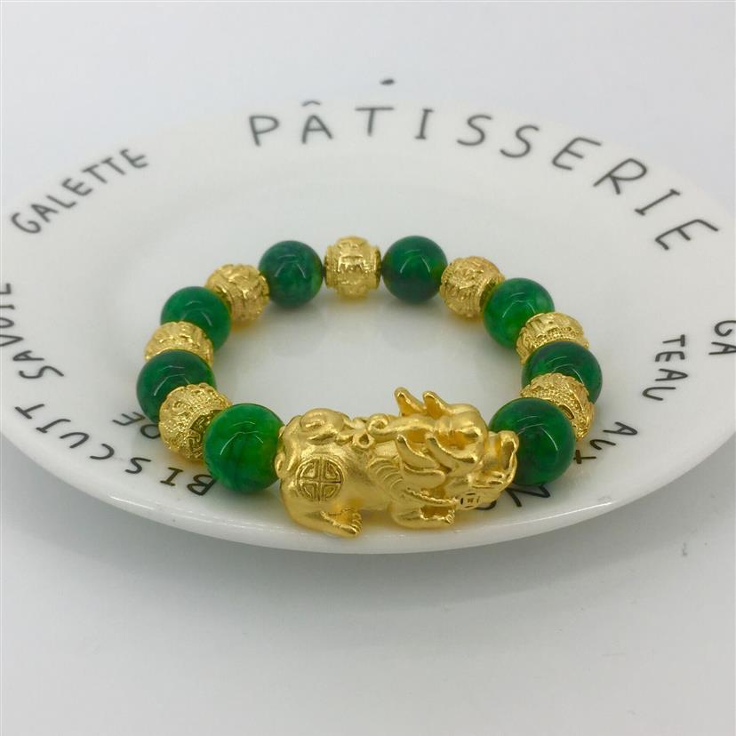 LY01 Vietnamese sand gold plated 24K gold green jade stone sand gold pixiu bracelet272y