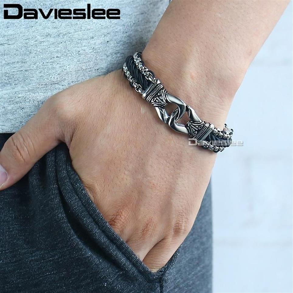 Davieslee Fashion Mens Man-Made Leather Armband Rostfritt stål Box Link Knot Charm Wristband 12 13mm Gold Silver Color DHB496266U