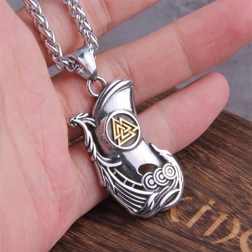 Nordic Vikings Jewelry Odin Valknut Stainless Steel Viking Warship Pendant Necklace With Wooden Box As Gift Never Fade Necklaces229m