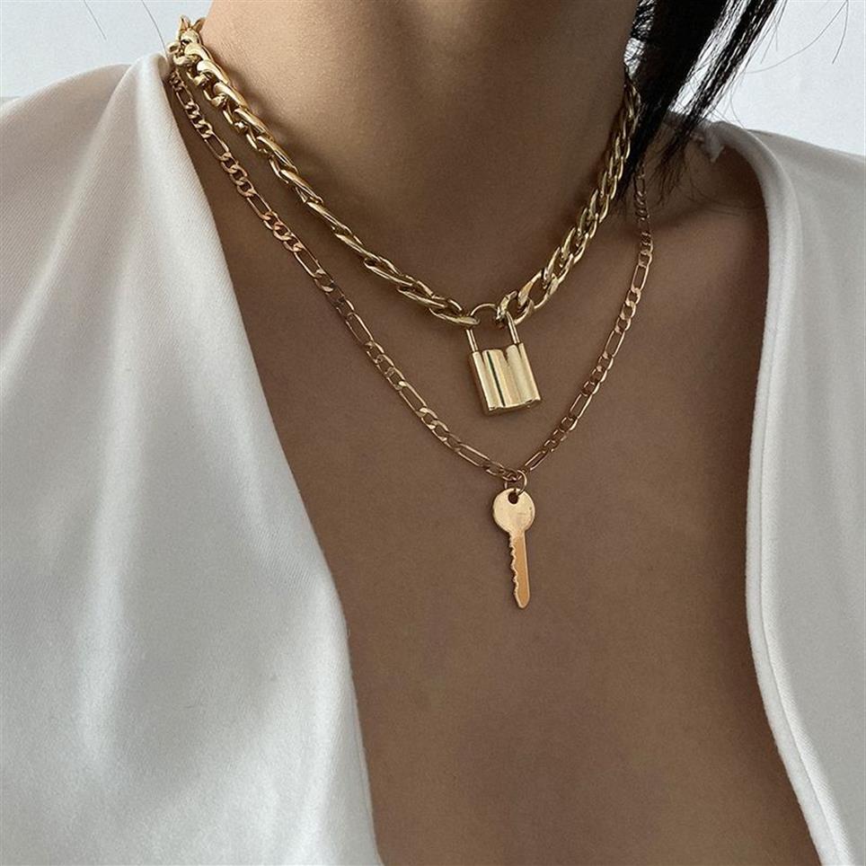 Charm Link Chain Choker Necklace Punk Multilayer Padlock Key Long Pendant Necklace For Women Gold Color Collar Jewlery282p