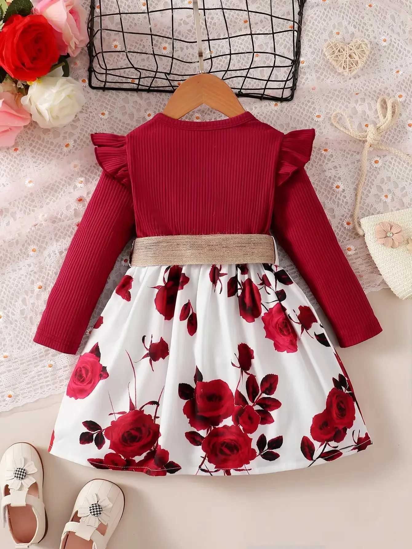 Girl's Dresses Children Girls Fashion Dress Red Long Sleeved Flower Skirt with Belt Birthday Party Wear Autumn Outfits for Girl 1-7 YearsL231222