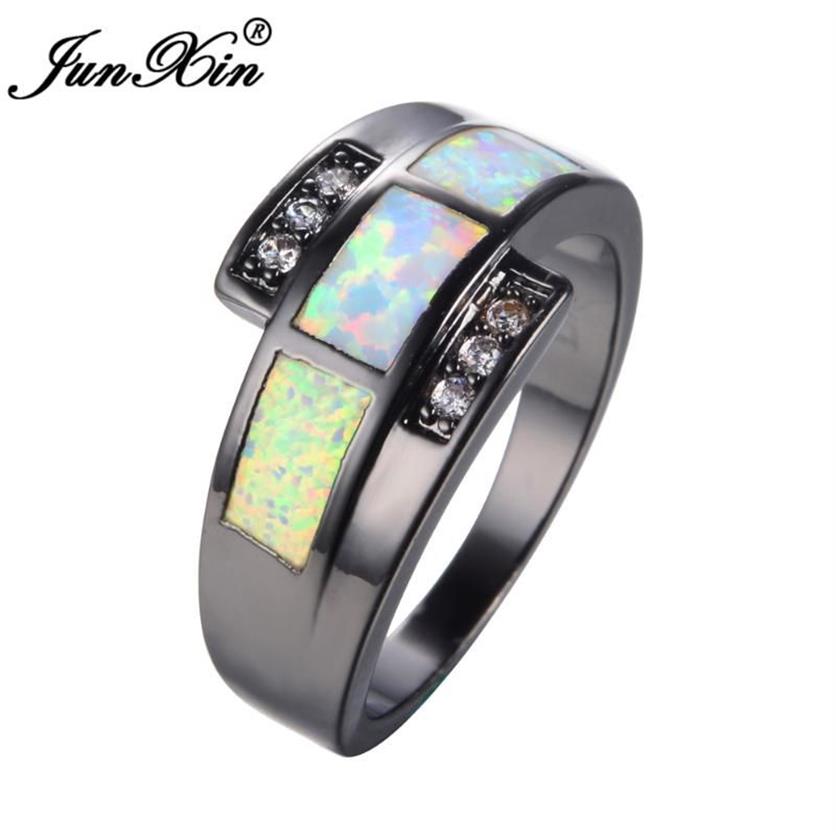 Wedding Rings JUNXIN White Fire Opal Ring With Zircon Vintage Black Gold Filled Jewelry For Men And Women Christmas Day Gift304y