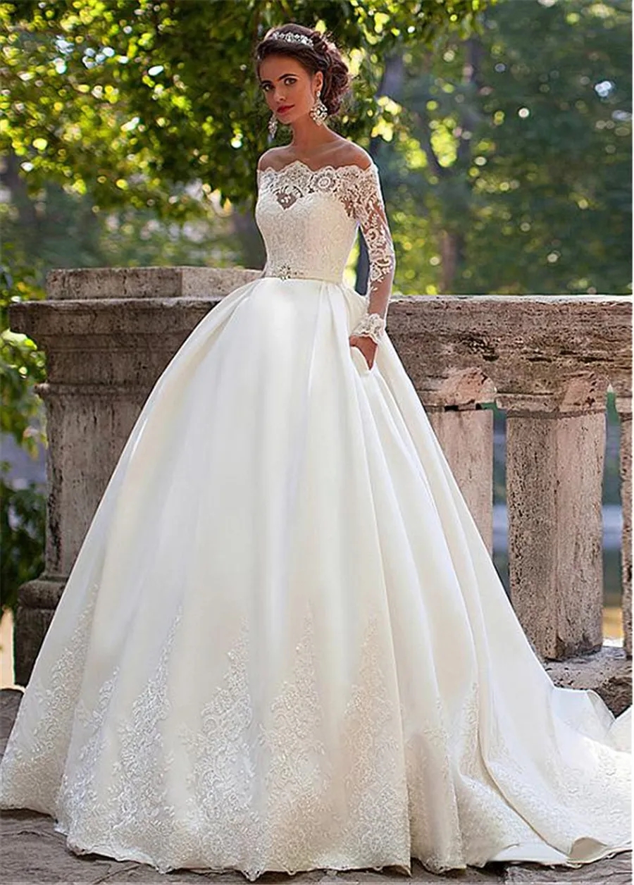 Stunning Tulle Off the Shoulder Sheer Jewel Neckline Ball Gown Wedding Dresses with Belt Long Sleeves Bridal Gown vestido de fiesta