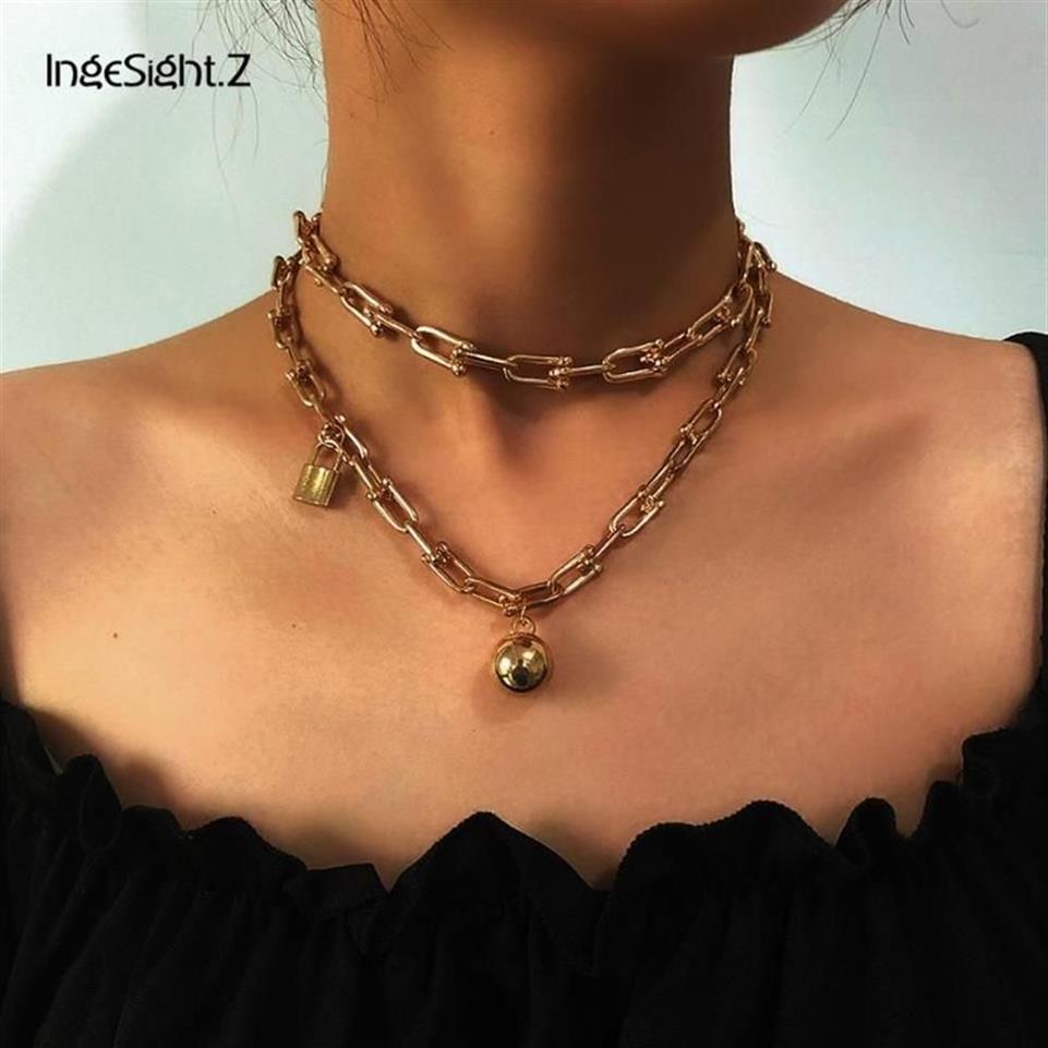 IngeSight Z Set Multi Layered Vintage Padlock Ball Pendant Necklace Punk Choker Necklaces Collar for Women Jewelry251F