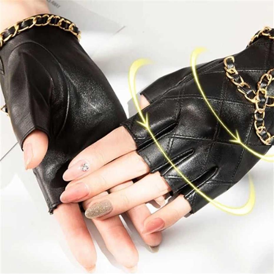 Women's Genuine Leather Half Gloves with Metal Chain Skull Punk Motorcycle Biker Fingerless Glove Cool Touch Screen Glov299r