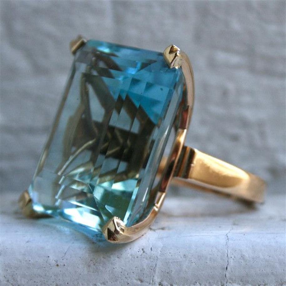 Sea Blue Topaz Stone Princess Diamond Engagement Sapphire Ring 14K gold Anillos for women Bizuteria jade jewelry Y1124193J