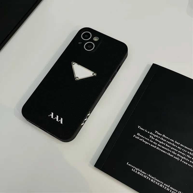 Designer Phone Cases Premium Applique Leather Side English iPhone case 14Pro Case Triangle Label Full Cover 13/12Pro Black White