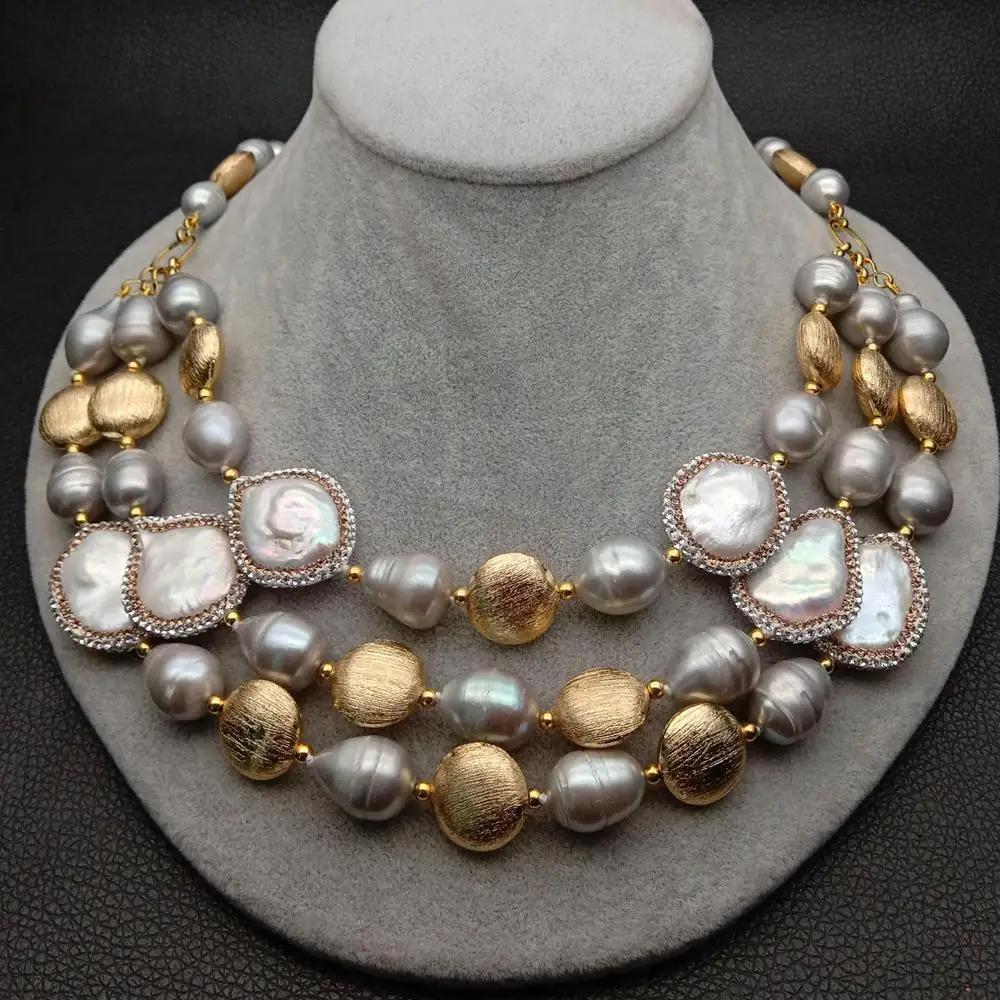 Necklaces 3 Rows Freshwater Cultured Gray Rice Pearl White Coin Pearl Necklace For Women