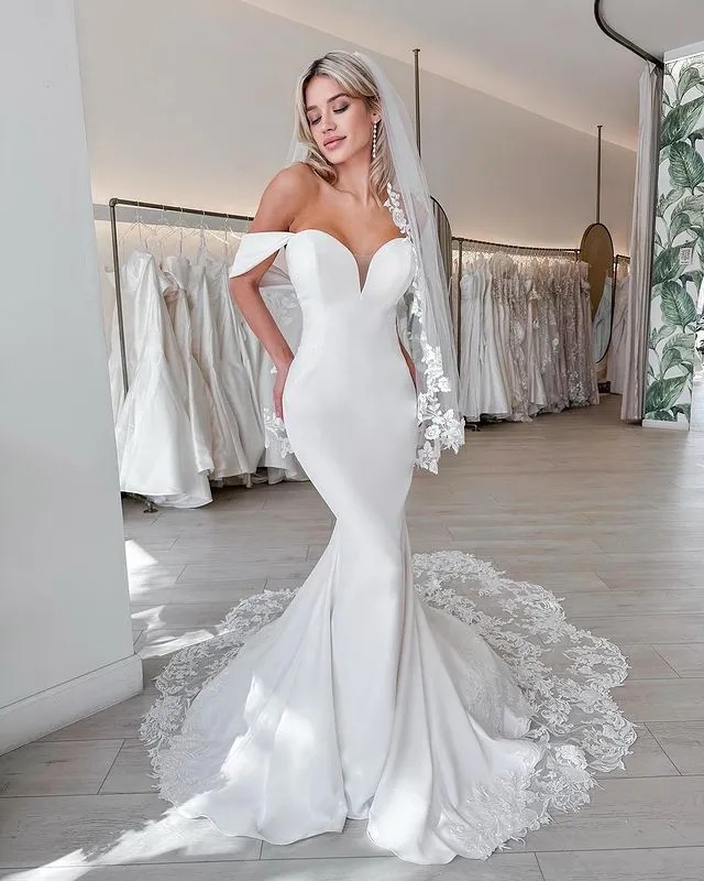 Abiti da sposa con sirena spalla vintage fuori spalla semplice squisito treno in campo di pizzo Vestidos de novi bottoni senza schienale più taglie da sposa boho abiti da sposa Dubai arabo cl3109