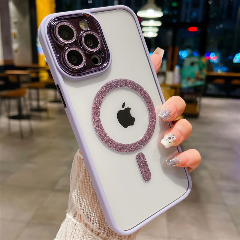 لـ iPhone 15 Pro Max Glitter Glitter Magnetic Phone Case for iPhone 11 12 13 14 15Plus Flash Lens Coverrate Protgerent Cover 