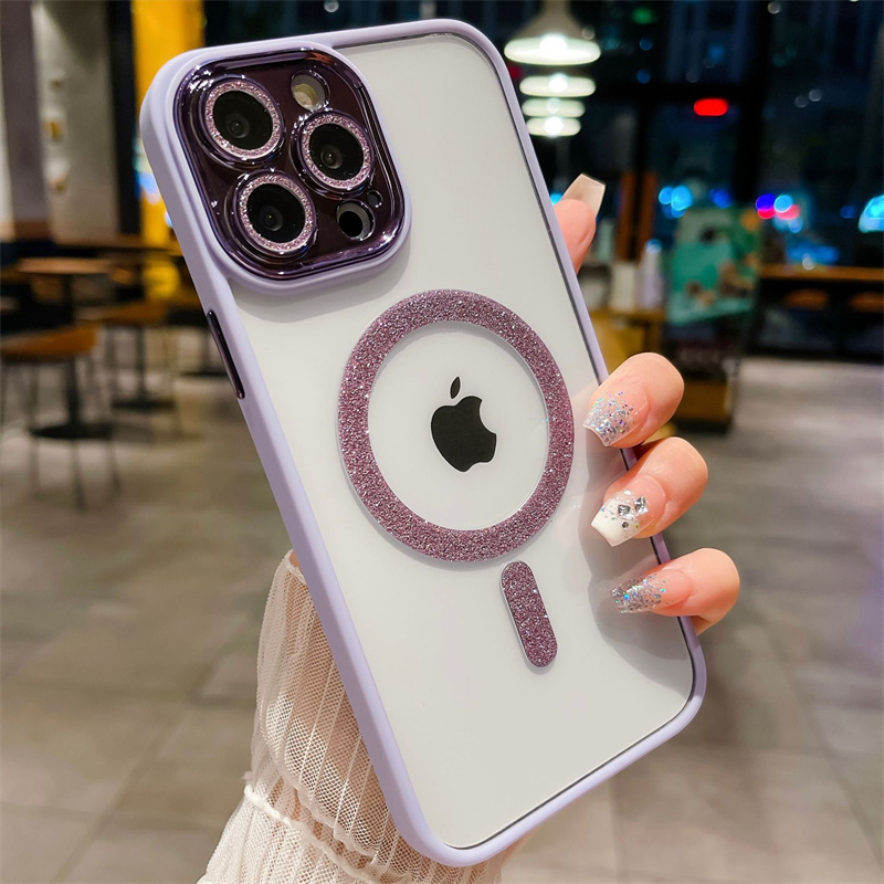 iPhone 15 Pro Max Luxury Glitter Magnetic Clear Telefono Custodia iPhone 11 12 13 14 15Plus Flash Lens Transparent Cover 