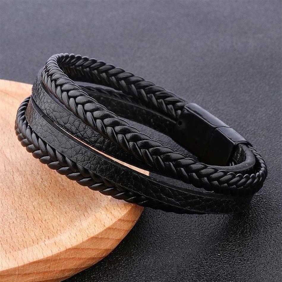 Trendy Genuine Leather Charm Bracelets Men Stainless Steel Multilayer Braided Rope Bracelets for Male Female Jewelry304S