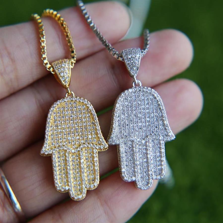 Chaîne Bijoux Hip Hop Bling 38 Micro Pave Cumbic Zirconia Hamsa Hand Icedd Out Cool Mens Chain Collier 261F