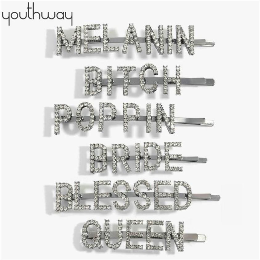 Word Chic Hairpins Bobby Pins Rhinestones Nome black asfaltato Clip capelli ragazze Crystal Bling Bridal Styling Tool Barrette308s