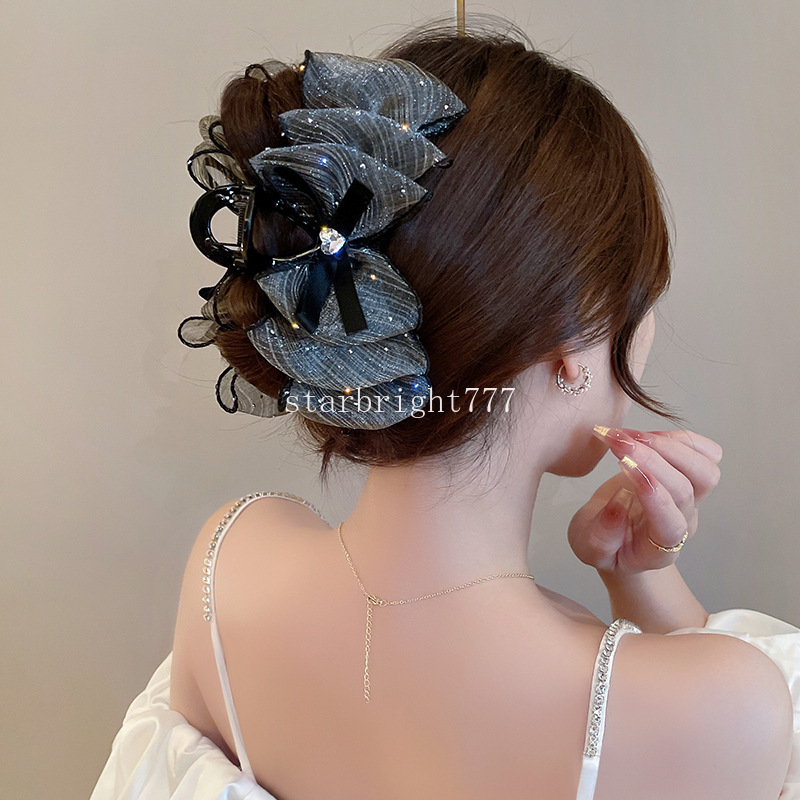 Elegant Black Starry Cloud Bubble Rhingestone Hair Clip avec double face à nœud papillon Ponytail Coiffe Claw Femme Accessoires Accessoires