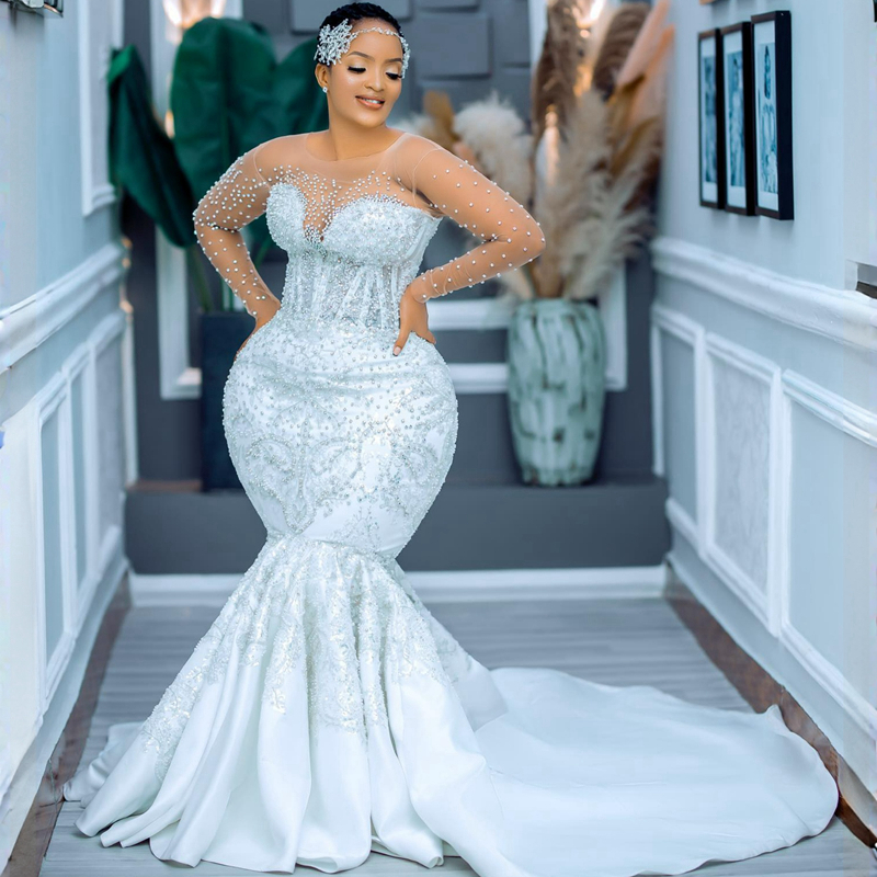 Plus Size Aso Ebi Wedding Dresses Mermaid Sheer Neck Long Sleeves Pearls Bridal Dress for African Black Women Bride with Detachable Train Bridal Gowns CDW169
