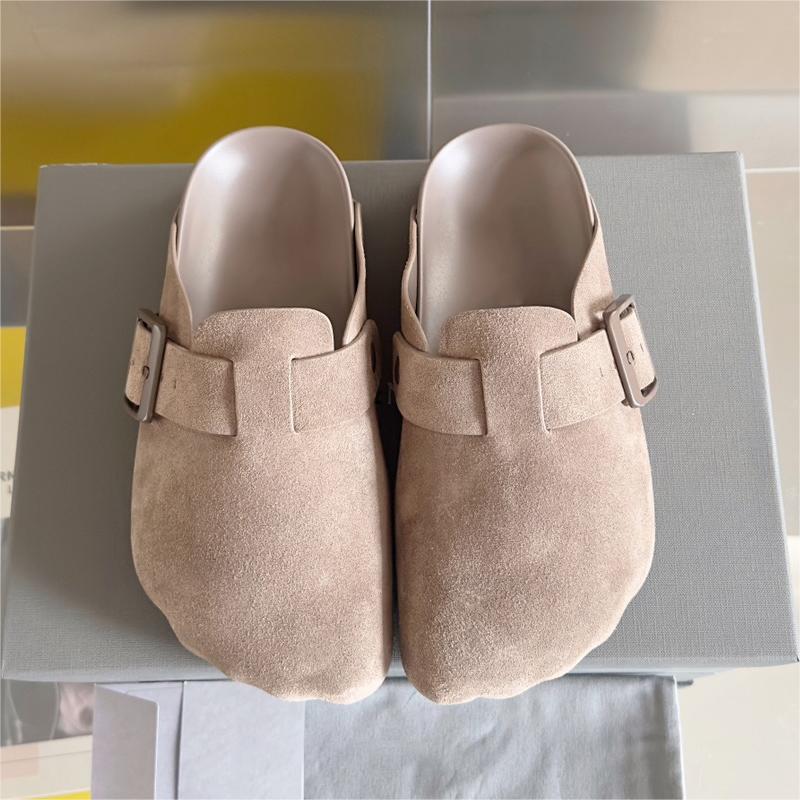 24SS Mens Womens Sunday Mule Suede Matte Slide Top Quality Luxury Designer Calfskin Belt Buckle Leather Finger Shape Wrap-around Pocket Slippers 35-46