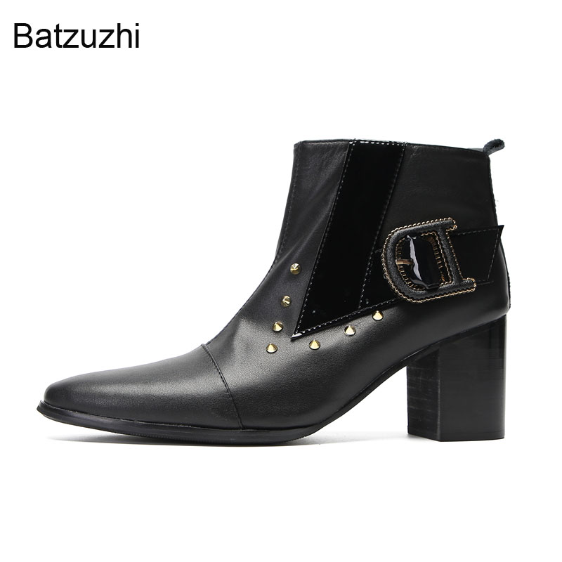 Batzuzhi 7,5 cm High talons occidentaux Western Handmade Men's Boots Chaussures pointues Bottes en cuir authentique Men avec Buckles Knight, fête Botas Hombre
