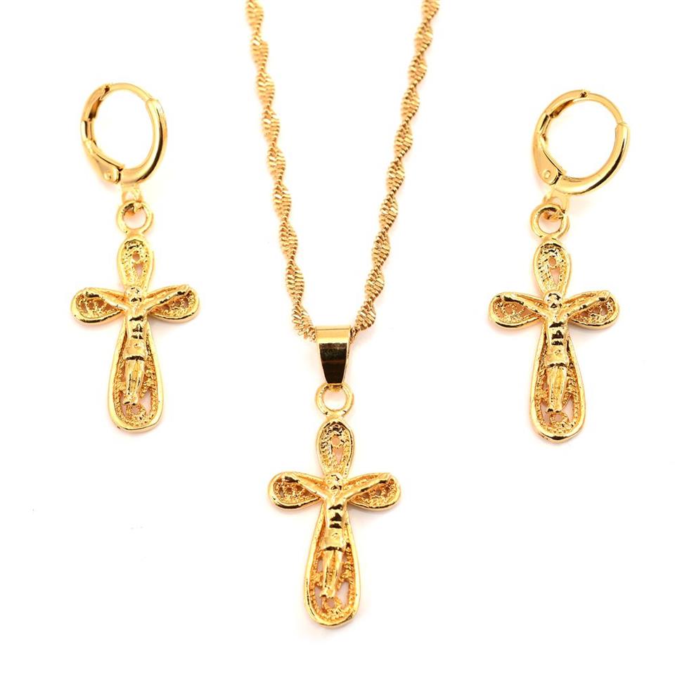 Jesus Cross Pendant Necklaces Earrings 18 k Fine Yellow Gold Filled Egyptian Sets Women Egypt Hieroglyphs Charm Jewelry219J