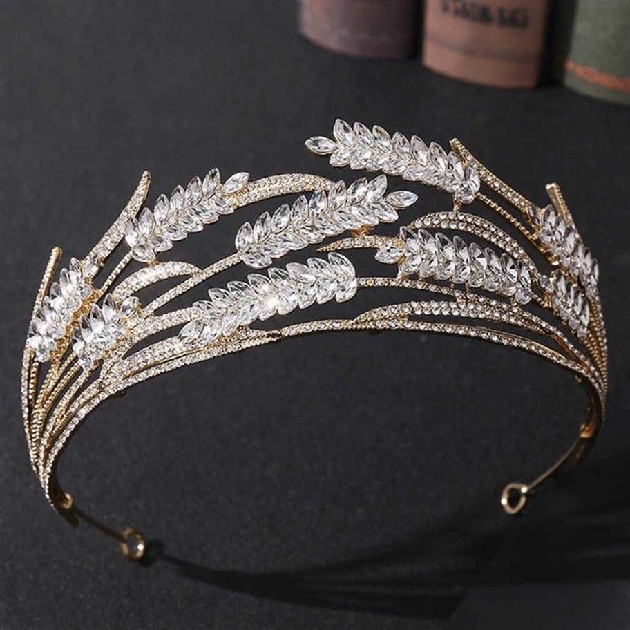 Forseven Luxury Crystal Wheat Shape Crown Handgjorda guldfärg Brud bröllop Tiara Rhinestone Headpiece Women Hair Accessory JL H08250F