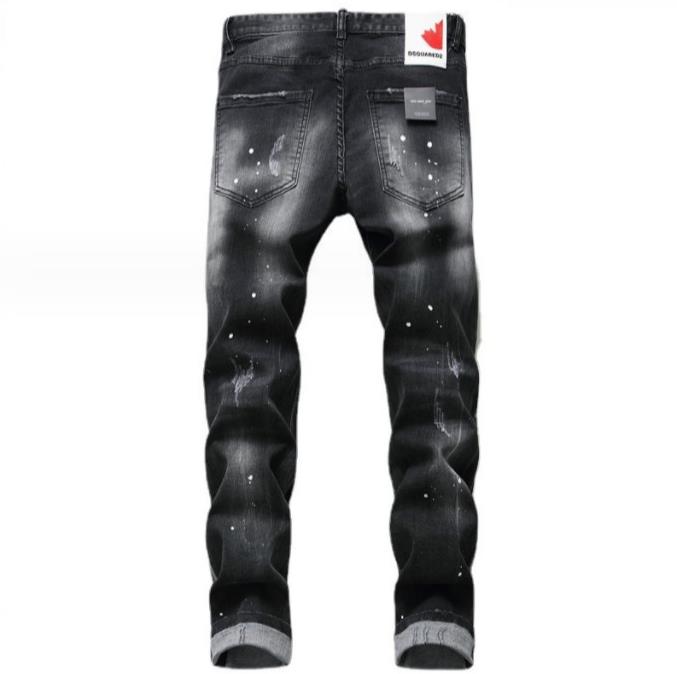 Men's Jeans DSQ Ripped Patches Paint Dots Stitching Slim Fit Stretch Pants