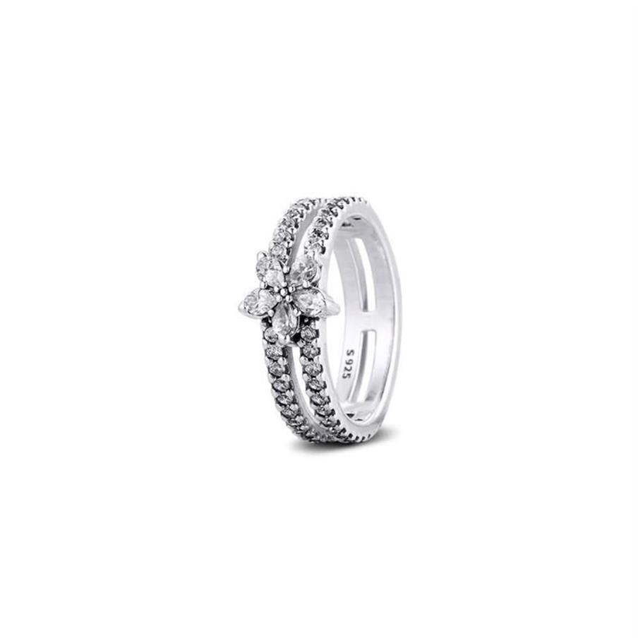 Véritable 925 Anneaux en argent sterling pour les femmes étincelantes Snowflake Double Ring Engagement Déclaration de mariage Jewelry Party Gift3205