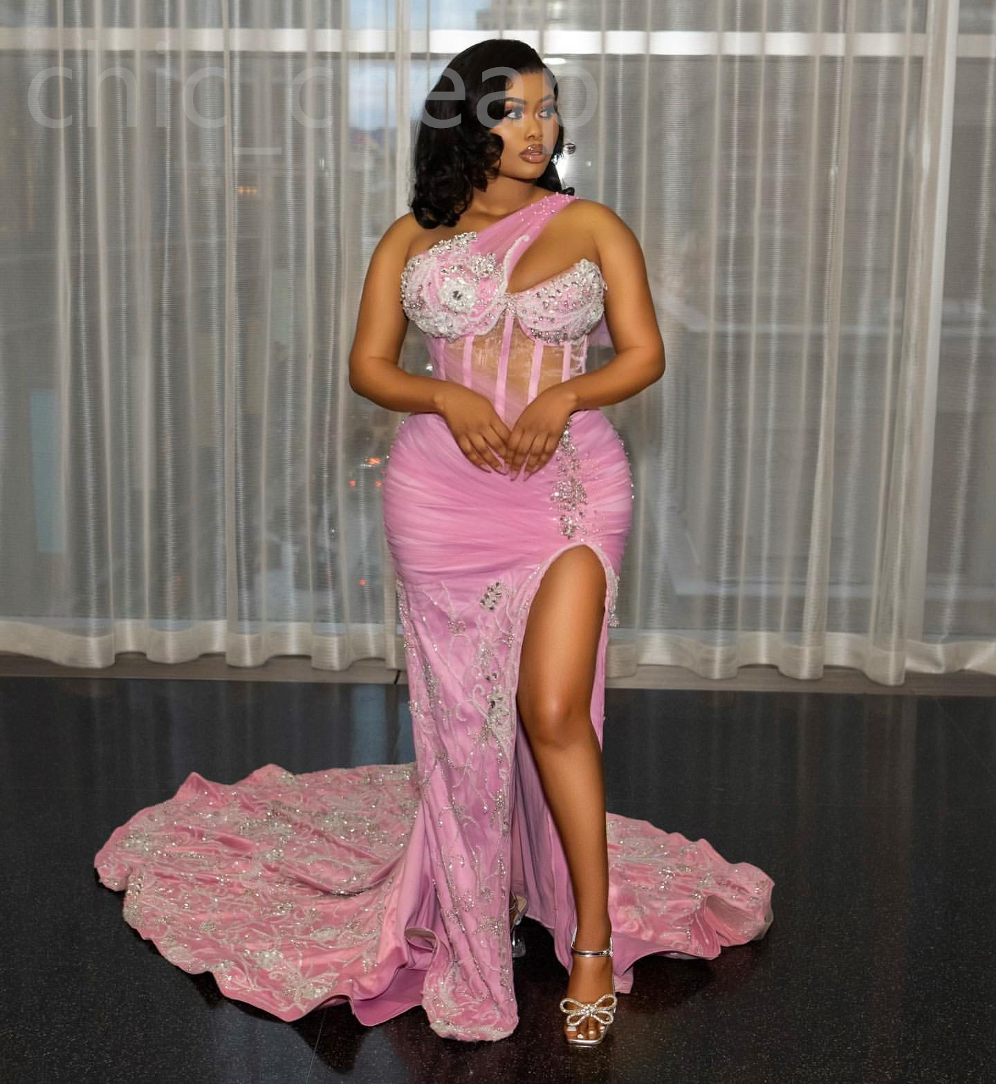 2024 ASO EBI Pink Meerjungfrau Prom Kleid Perlen Kristalle Paillettenabend Abend formelle Party Zweiter Empfangsgeburtstag Verlobungskleider Kleider Robe de Soiree ZJ384