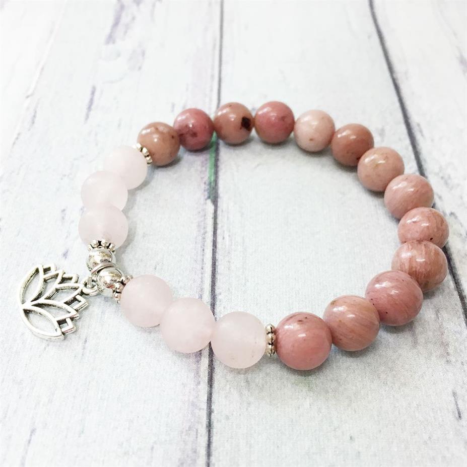 MG0513 NY DESIGN Women's Chakra Armband Matte Rose Quartz Rhodonite Armband Lotus Yoga Balance Jewely Whole2139