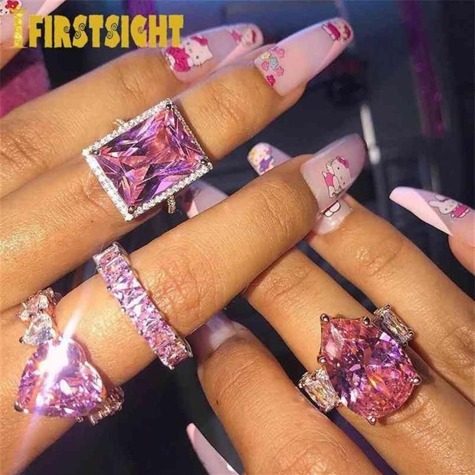 Big Pear Shape Accent Stone Rings Rose Gold Ss Coup Full Cz Band Mariage Engage Drop Drop Pink Pinky Ring pour les femmes 210701253O