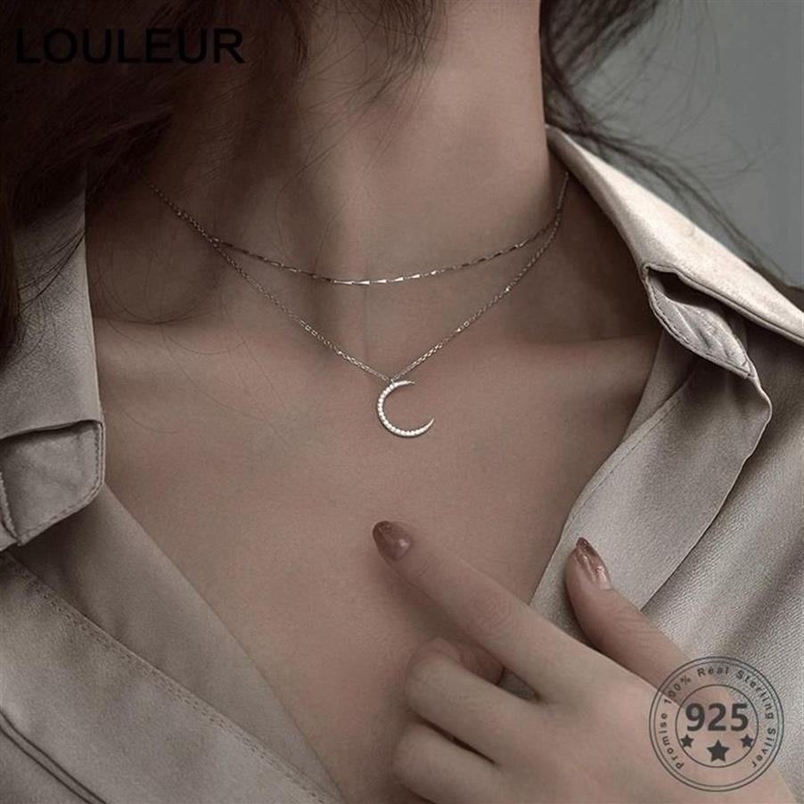 Louleur Real 925 Sterling Silver Moon Necklace Elegant dubbelskikt Guldkedjans halsband för kvinnor Fashion Luxury Fine Jewellery 09299R