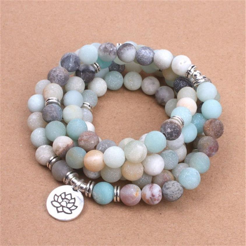 Brins de perles Bracelet pour femmes Matte Frosted Amazonite Perles avec Lotus Om Bouddha Charm Yoga 108 Collier Mala Drop1271Y