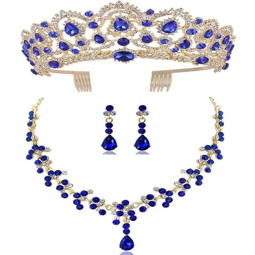 Diezi New Red Green Blue Crown and Necklace Congring Jewelry Set Tiara Rhinestone Wedding Jewelry Sets Association 233p