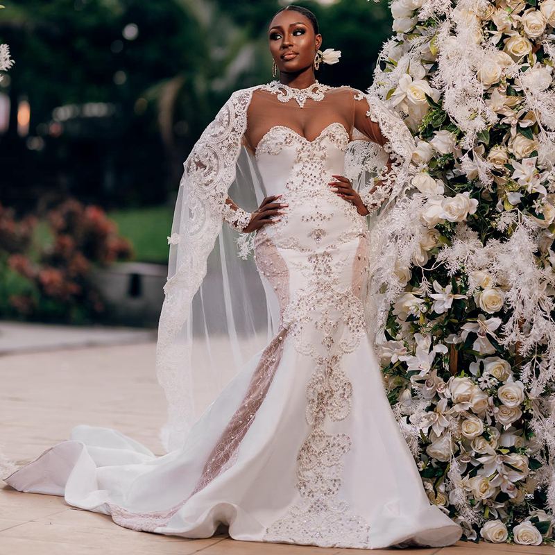 2024 African Arabic Aso Ebi Wedding Dresses Sheer Neck Long Sleeves Elegant Illusion Lace Beaded Mermaid Bridal Gowns for Bride Gorgeous Tiered Tulle Dress D082