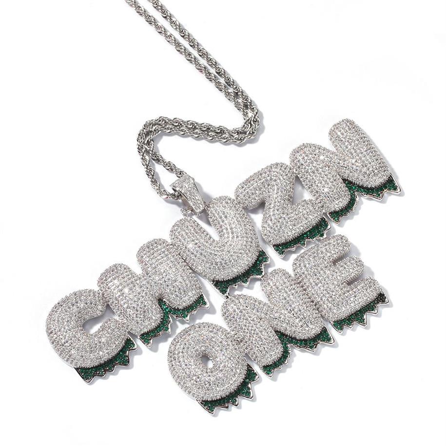 Benutzerdefinierte Name Green Letters Anhänger Halsketten CZ Hip Hop Schmuck mit Gold Silber Seilkette für Geschenk3307