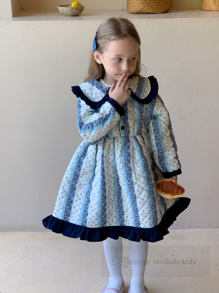 Girl's floral printed quilted cotton dresses kids falbala lapel long sleeve princess dress winter children thicken warm clothes Z6291