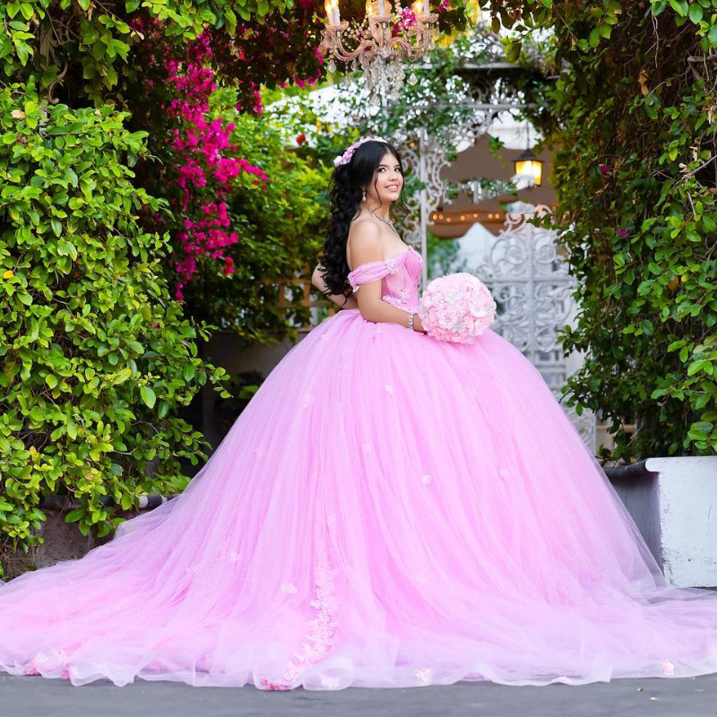 2024 Pink Off The Shoulder Quinceanera Dress Princess Applique Lace Beads Tull Ball Gown Pageant Birthday Party Sweet 16 15