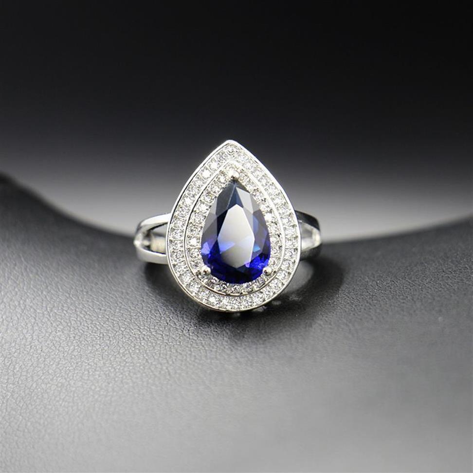 Bague Ringen Water Drop على شكل الياقوت الفضية 925 مجموعات المجوهرات للنساء الأحجار الكريمة الزرقاء الحلقة أقراط قلادة الزفاف M3094