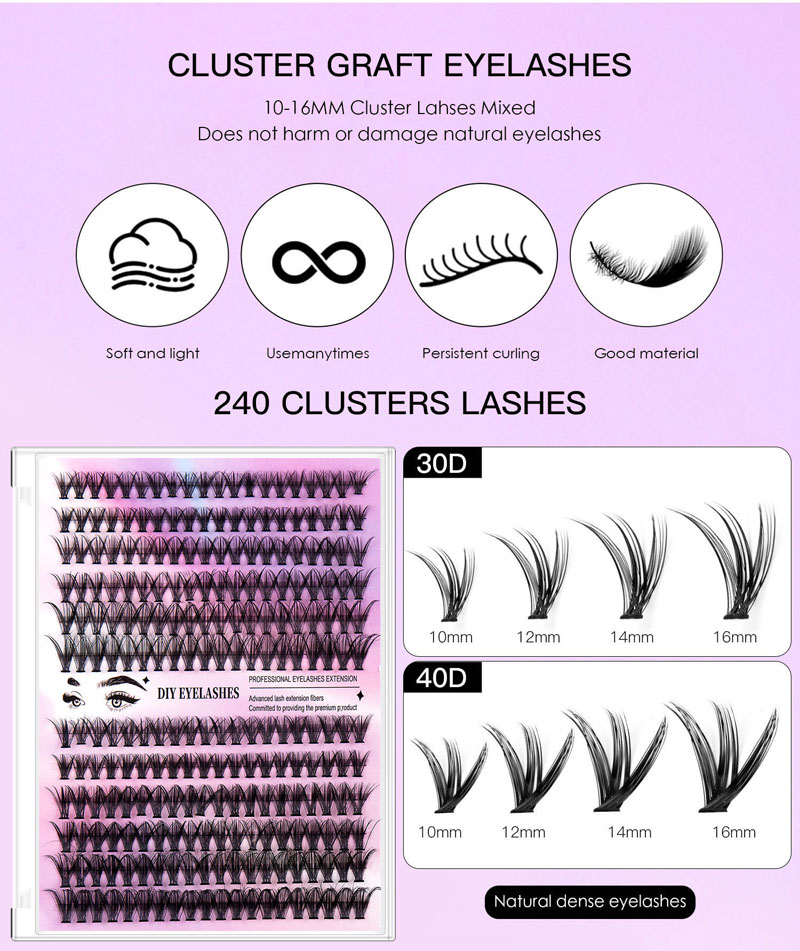 Diy cílios individuais falso vison lash clusters 40d-0.07d-9-16mm mix 240 clusters cílios postiços 30d 40d cílios cluster extensões de cílios