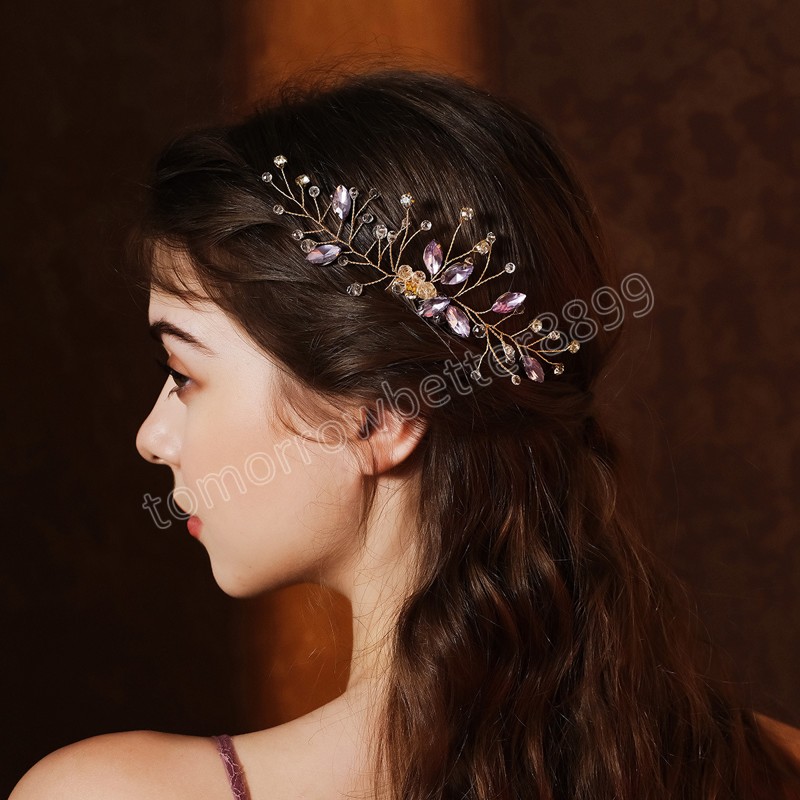 Purple Crystal Hair But Wedding Wedpin Fashion Golden Vine Pein Cip Jewelry for Women Dama de dama de honor