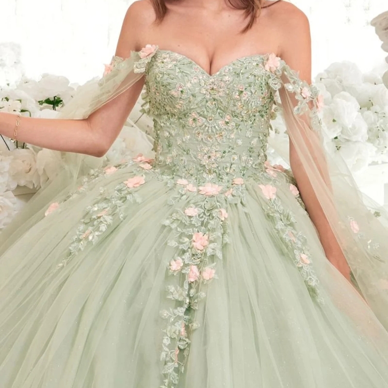 Sage Green Princess Ball Gown Quinceanera Dress 3D Flowers Applique Lace With Cape Sweet 16 Dress vestidos Birthday Party Gown