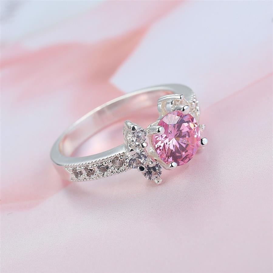 Whole lote Luckyshine Daily Jewelry Gift Fire Flor Pink Zircônia cúbica Gemstone 925 Mulheres banhadas de prata Ring Ne328s