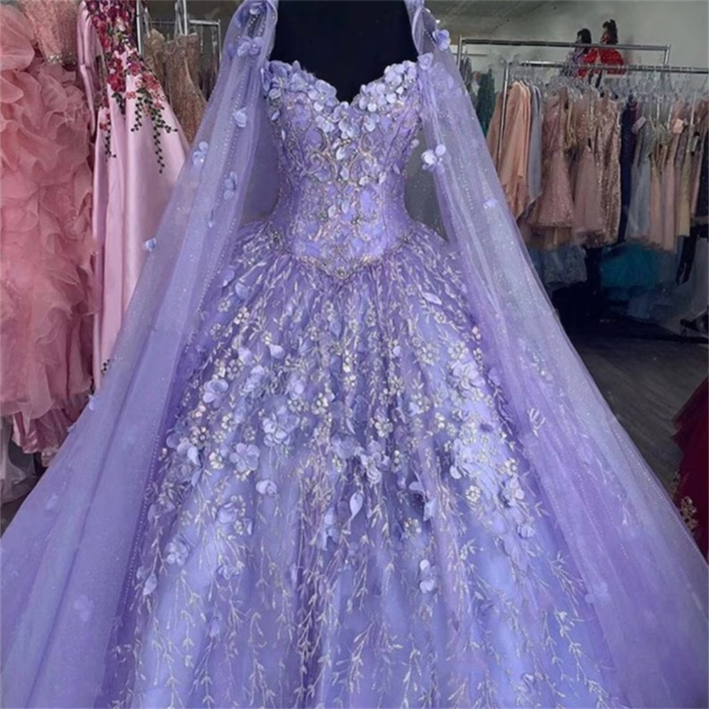 3D Çiçek Aplikler Quinceanera Elbiseler Prenses Ballgown Tatlı 16 Omuz Kapalı Lavanta Kabarık Balo Doğum Günü Partisi Elbise Özel Yapıldı