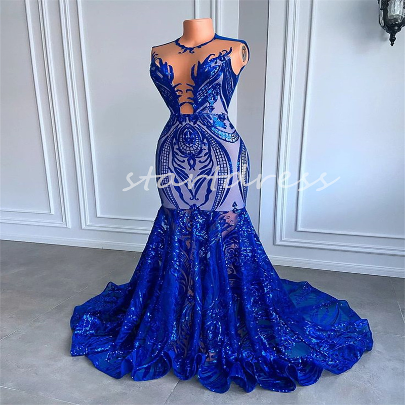 Royal Blue Mermaid Prom -klänningar för svarta kvinnor Sparkly Sequined Formal Occasion Dresses Aftonklänning ärmlös födelsedagsfest Vestidos Para Mujer Robes de Soiree