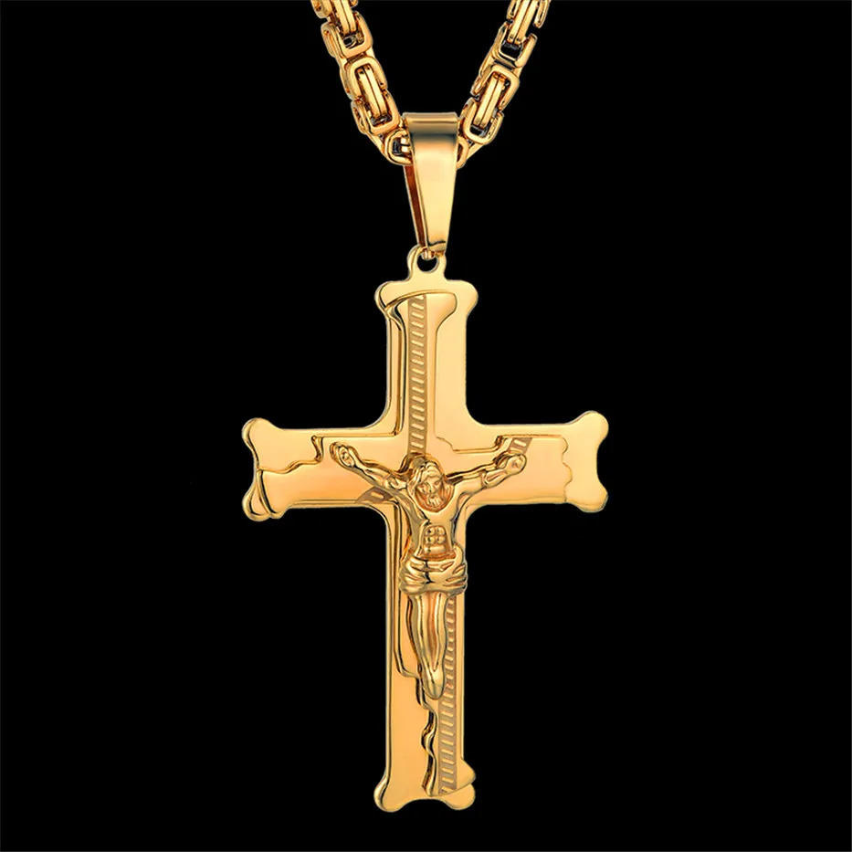 Fashion Byzantine Chain Christ Cross Stainless Steel Long Necklace for Men Gold Color Statement Jewelry collares largos 231225