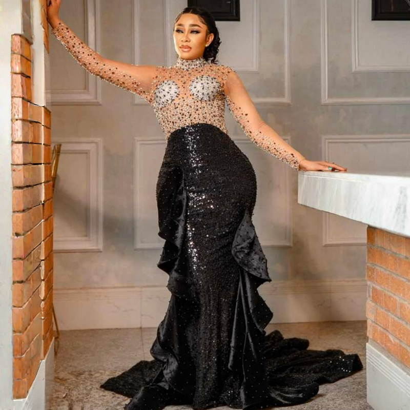 Mousserande glans aso ebi prom klänning hög hals långa ärmar sjöjungfru illusion promdress kväll formella klänningar för special occaison svart kvinnor outfit engagemang am267