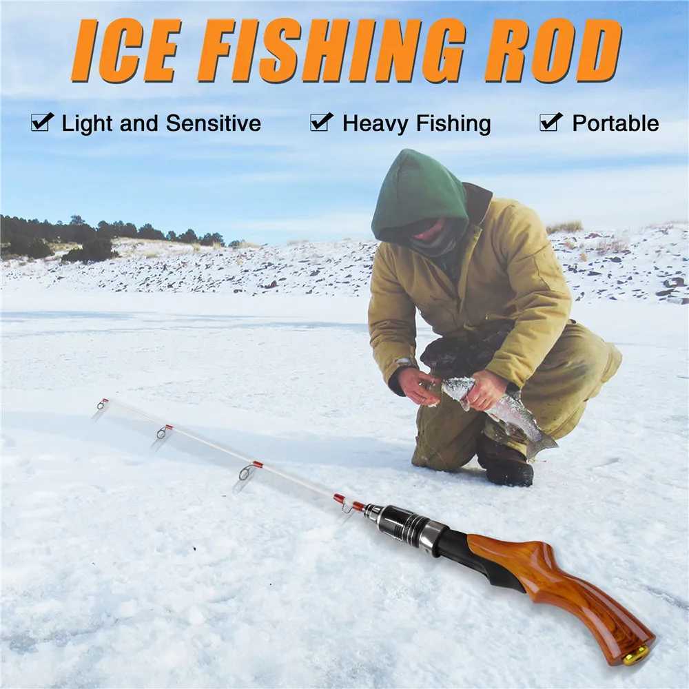 Boat Fishing Rods Outdoor Winter Ice Fishing Rod 57CM 2 Sections Wooden Handle Ice Fishing pole for Bass Trout Salmon ice jig bait fishing tackleL231223